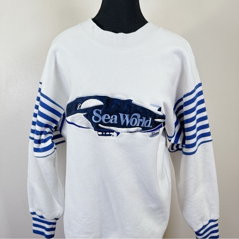 Jostens White Blue Striped Sea World Crew Neck Sweatshirt - Picture 2 of 16